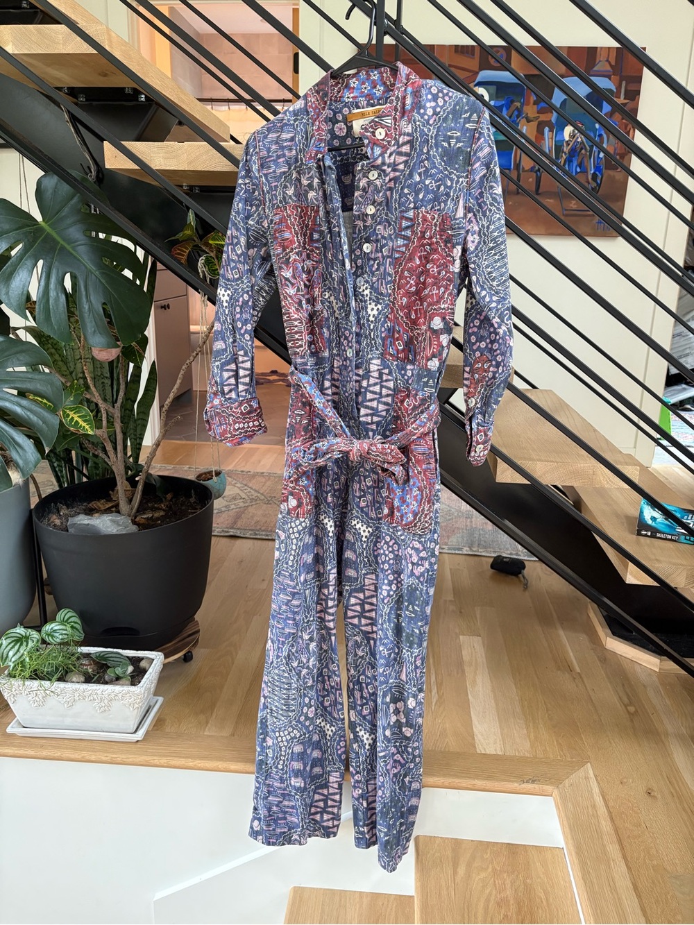 Printed Button-Front Jumpsuit with Tie Waist - Multi